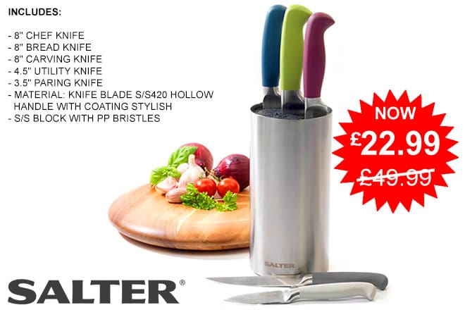 Salter Colour Collection 5 Piece Stainless Steel Kitchen Knife Set Salter Colour Collection 5 Piece Stainless Steel Kitchen Knife Set With Block